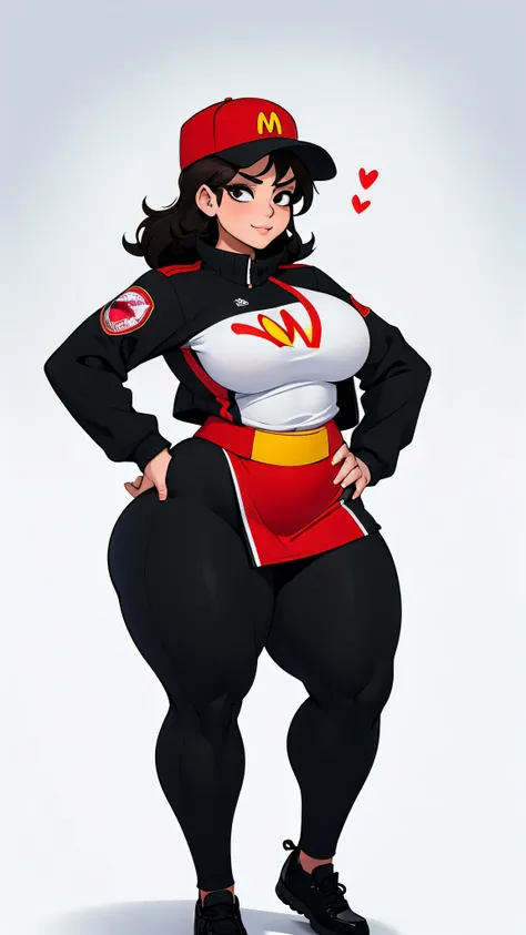 Mujer trabajadora de mcdonalds sentada sobre hamburguesa gigante, gorra de mcdonalds, uniforme de leotardo, calcetas altas hasta los muslos, curvy, cabello corto negro