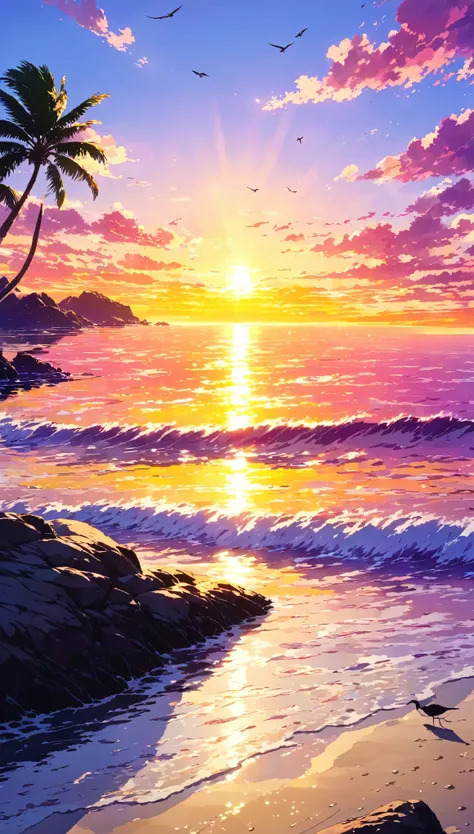 unmanned島, ocean, Sunset, sunset, orange, Red, yellow, purple, pink, level, Invalid, cloud, water surface, reflection, Waves, beach, Sandy beach, Palm tree, contour, shadow, rock, 奇rock, bird, oceanbird, Invalidを飛ぶ, Quiet, peaceful, Wavesの音, The sound of t...