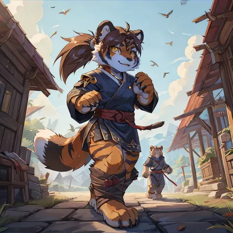 (4fingers), small_round_ears, small_panda_ears, pandaren, world_of_warcraft, furry, anthropomorphic, fluffy_tail, foxtail, cfemale, claws, red_panda, tiger_stripes, tiger_face, flat_chested, short_stack, teen, teenager, amber_eyes, pupils, (tiger_legs), (l...