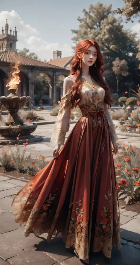 (absurdres, highres, ultra detailed), 1girl, solo, mature, (very long hair, red hair), Baroque, long dress, phoenix dress, long sleeve, elegant, colorful, highest detailed, upper body, outdoors, garden 