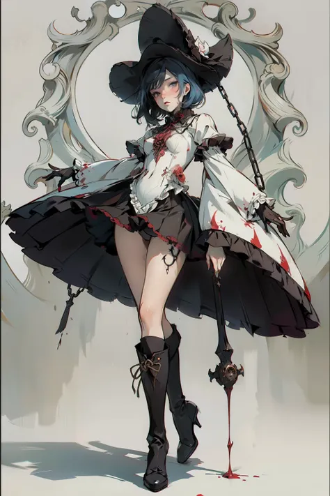 ((best quality)), ((masterpiece)), (detailed), a penitent female, blank white background, plain background, white background, red and white clothing, Bloodborne aesthetic,  occult aesthetic, occult, occult paraphernalia, detailed and intricate steampunk an...