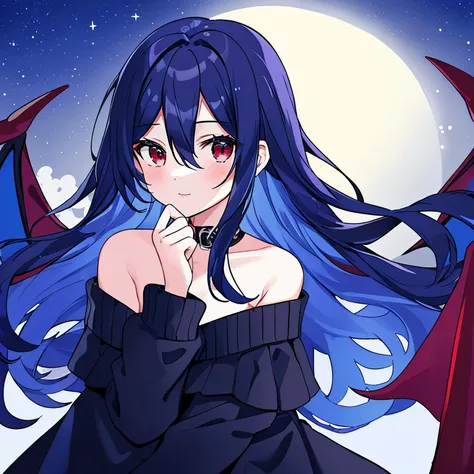 ((best quality)), ((masterpiece)), (detailed), 1girl, off-shoulder black sweater, cobalt blue hair, red eyes, vampire, blue jacket, black and blue wings, nighttime, blue moonlight, snowy