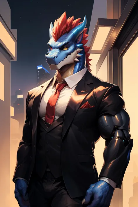 solo, anthro, scalie, scalie male, T-rex, (( Scaled body)), dragon jawline, draconic face, (Blue scales ancient Wolf print), horns, Silver underbelly, silver undercoat, (blue body), night, outside, Red and Green feather mohawk, Golden left eye, (bright lef...