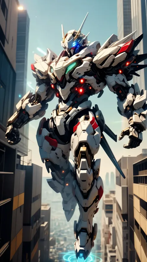 Humanoid Mecha, fully enclosed shoulder guards, matching arm and leg guards, full body, full armor, the design balances heavy with agility, (the color scheme is primarily white with red and blue accents, the concept Inspired by Super robot, organic biotech...