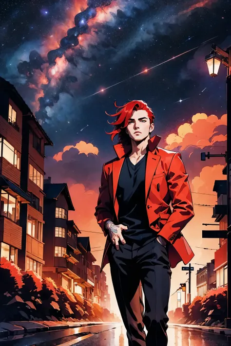 l1s4fr4nk, a man, handsome, robust, red hair, wearing a jacket, positioned on a city road at night, soft urban lighting, starry ...