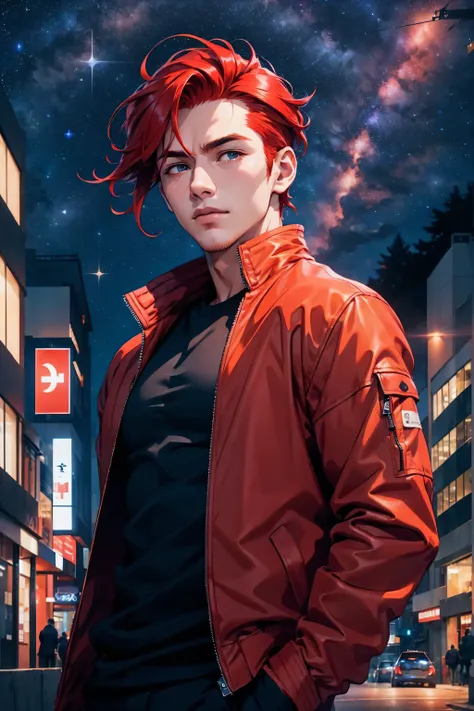 l1s4fr4nk, a man, handsome, robust, red hair, wearing a jacket, positioned on a city road at night, soft urban lighting, starry ...