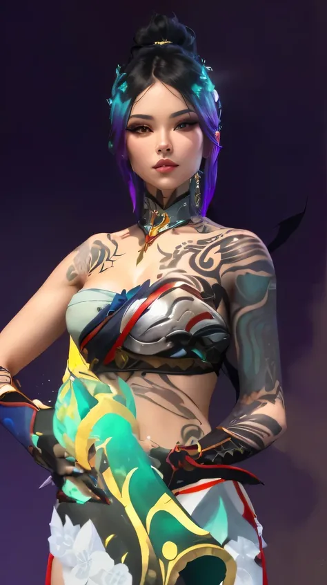 a close up of a woman with tattoos on her body, alluring mesmer woman, detailed upper body, wearing shiny breastplate, upper body avatar, lunar themed attire, ornate bikini armor, close up half body shot, clothes themed on a peacock mage, upper body close ...