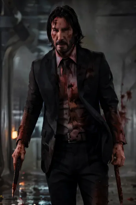 a extremely detailed portrait of john wick, full body view, (extremely detailed hand holding a pencil, covered in blood), (((ext...