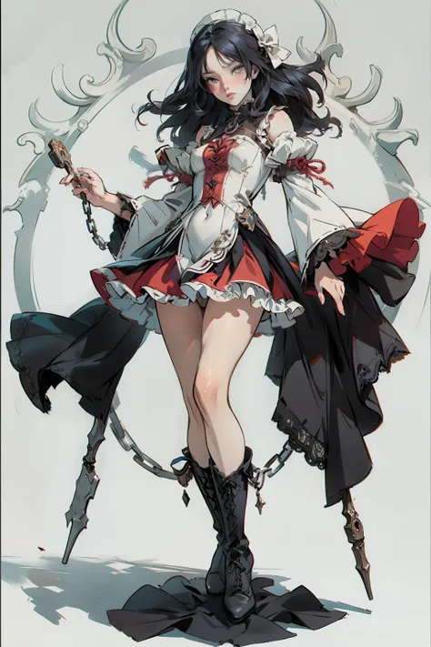 ((best quality)), ((masterpiece)), (detailed), a penitent female, blank white background, plain background, white background, red and white clothing, Bloodborne aesthetic,  occult aesthetic, occult, occult paraphernalia, detailed and intricate steampunk an...