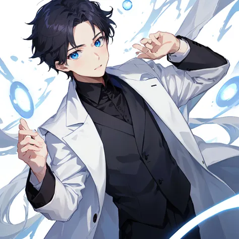 1boy, anime, short_face_framing_hair, dark_brown_hair, white_loose_long_coat, black_waistcoat, dark_blue_eyes, white_background, blue_orbs, looking_at_viewer, diplomat