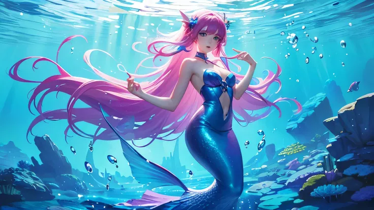 8k, (masterpiece, absurd quality, best quality, official art, beautiful and aesthetic:1.2), professional, vivid color, mermaid, neon color, underwater, jewell, bubble,