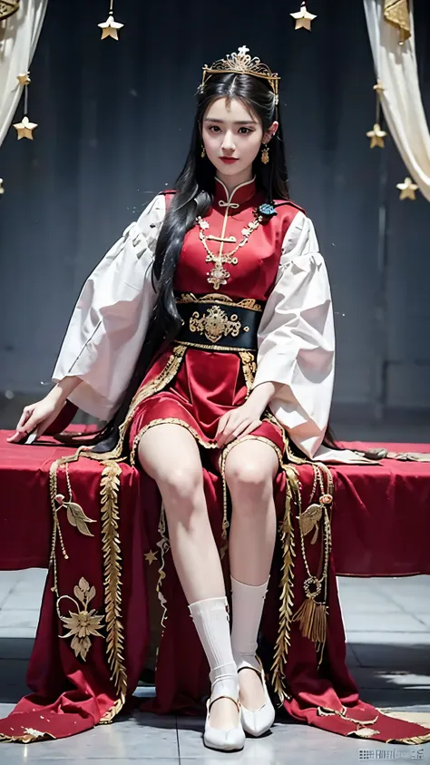 Wearing a star crown, flying colorfully，Wearing a red vestment。The shoes under your feet are full of embellishments，The precious belt around the waist is exquisite。A pair of Najin Lingbo socks，Half exposed skirt with embroidered velvet。Holding the Ruyi Gol...