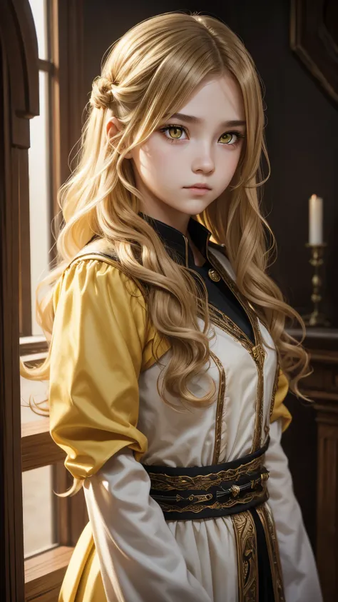 high detail, clarity, 8 kkk, young girl, 15 years old, light hair, wavy hair, yellow eyes, blazing, Realism, fantasy,