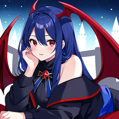 ((best quality)), ((masterpiece)), (detailed), 1girl, off-shoulder black sweater, cobalt blue hair, red eyes, vampire, blue jacket, black and blue wings, nighttime, blue moonlight, snowy night