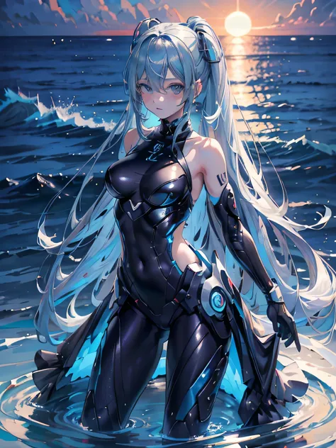 
(Maxima calidad), ((la mejor definicion)) Miku Hatsune, ojos azul intenso ((la mejor calidad)), recostada sobre su lado izquierdo, pose medio lateral, descalza, la mejor calidad, beach landscape al atardecer, sensual pose,  stellar blade