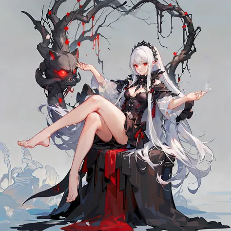 girl，Solitary，masterpiece，best quality，white hair，Red Eyes，Black，dark，shadow，douchebag，Overlooking，黑色的shadow，Black viscous liquid，gloomy，Dark，stable，barefoot，Beautiful legs and feet，Black slime，cloak，Tentacles，girl，masterpiece, best quality, best quality,a...