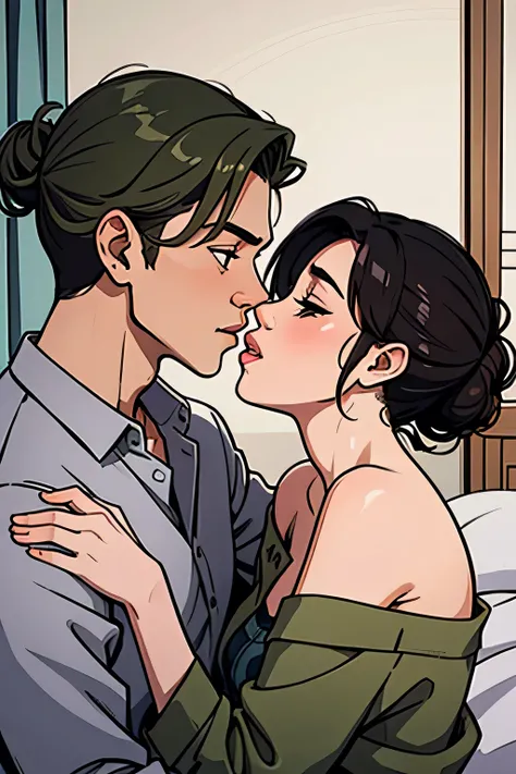 Amazing portait of a hot next door neighbour with her hair tied in a messy bun wearing an off shoulder checked olive green shirt that is unbuttoned and oversized kissing and making out passionately with her male neighbour on her bed in an intimate setting
