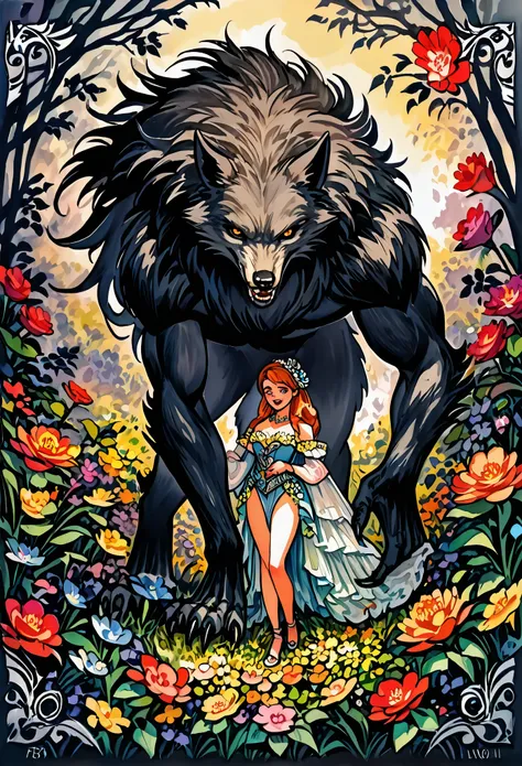 cover page, highres, top quality, best quality, paid reward available, unparalleled masterpiece, perfect artwork, absurdres, High-quality illustrations, watercolor, soft color, love story of human girl and giant Werewolf, werewolf who presents flowers to a...