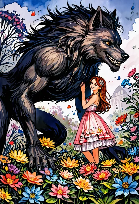 cover page, highres, top quality, best quality, paid reward available, unparalleled masterpiece, perfect artwork, absurdres, High-quality illustrations, watercolor, soft color, love story of human girl and giant Werewolf, werewolf who presents flowers to a...