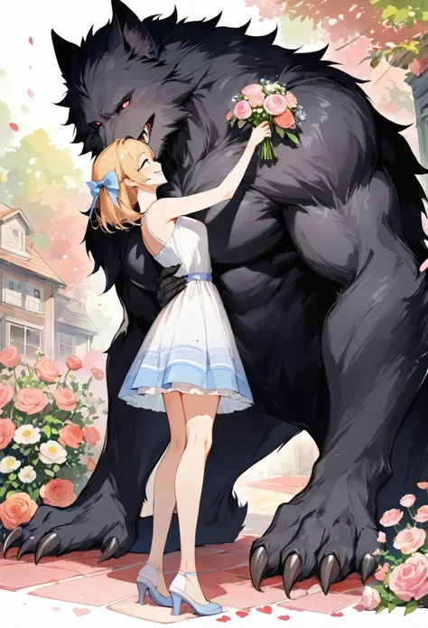 cover page, highres, top quality, best quality, paid reward available, unparalleled masterpiece, perfect artwork, absurdres, High-quality illustrations, watercolor, soft color, love story of human girl and giant Werewolf, werewolf who presents flowers to a...