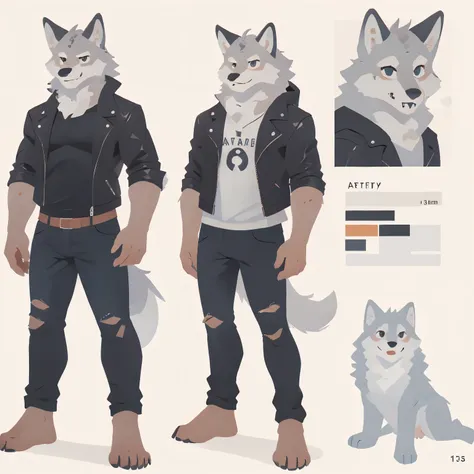 adult men, male furry fluffy anthropomorphic gray-white wolf, ference sheet, full body , detailed features like expressive eyes,...