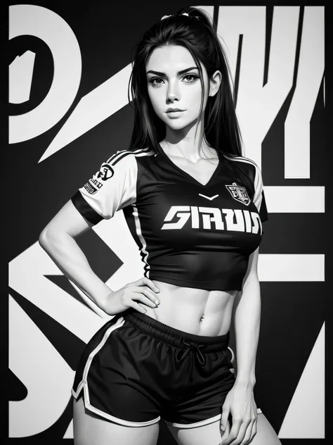 Mulher atleta jogadora de futebol,bola,shorts curto feminino,camiseta curta seios grandes,Bela arte de linha, black and white comic style, manga style, sexy manga art style, pencil and ink caricature drawing, black and white coloring,arte vector preto e br...