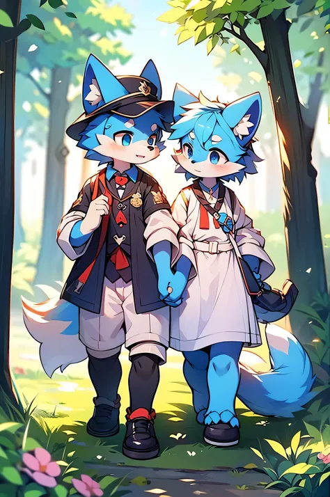 Blue fur, Canine, fox motif, Couple of girls and boys, uniform、Holding hands，