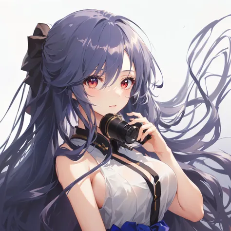 1girl, anime, long_unkempt_hair, indigo_hair, medium_breasts, sleeveless_flowy_dress, red_eyes, white_background, looking_through_telescope, looking_at_viewer