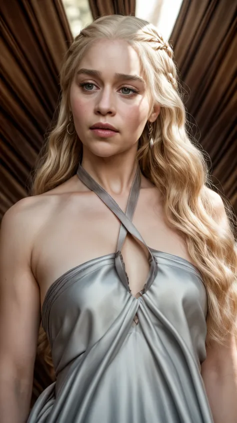 masterpiece, stunning portrait photo of khls woman, sleeveless, erotic costumes, sensual satin dress, game of thrones inspired c...