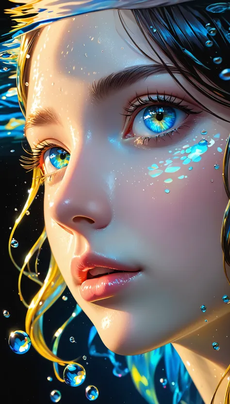 girl swims underwater,hyper detailed render style,glow,yellow,blue,brush,surreal oil painting,shiny eyes,head closeup,exaggerated perspective,tyndall effect,water drops,mother of pearl iridescence,holographic white,black background,