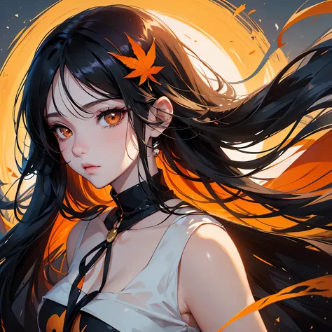 portrait, girl with long black hair and orange background, Digital anime illustration, Anime style illustration, in the art style of bowater, Praise Artstyle, 🍁 Cute, lofi portrait, trending on artstration, lovely art style, beautiful anime art style, styl...