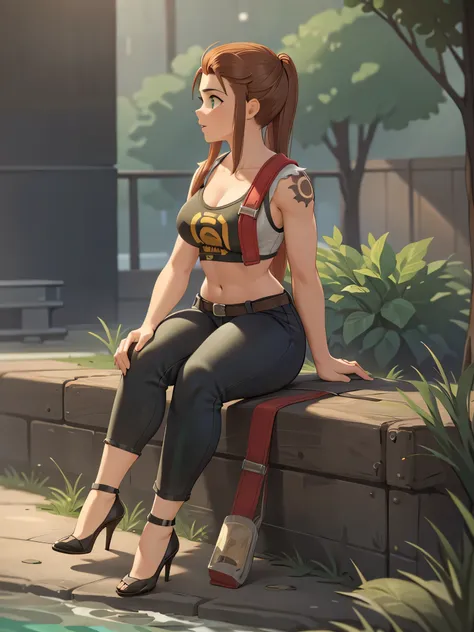 brigitte overwatch , thighs, full body, black high heels, nude tits, sitting, green water jeans pants, wide hips, medium tits