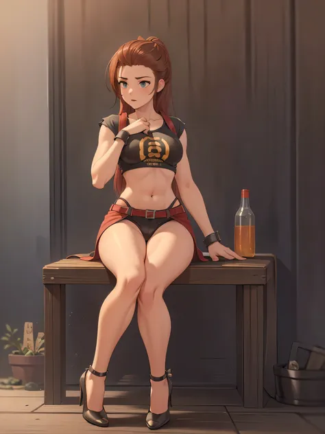 brigitte overwatch , thighs, full body, black high heels, nude tits, sitting, pussy, wide hips, medium tits