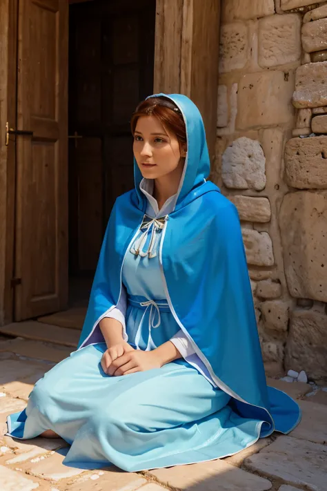 An animated illustration of Dorcas, dressed in a blue tunic and a white cloak, with a purple cloak in her hands and sitting with her friends in an ancient house in Israel