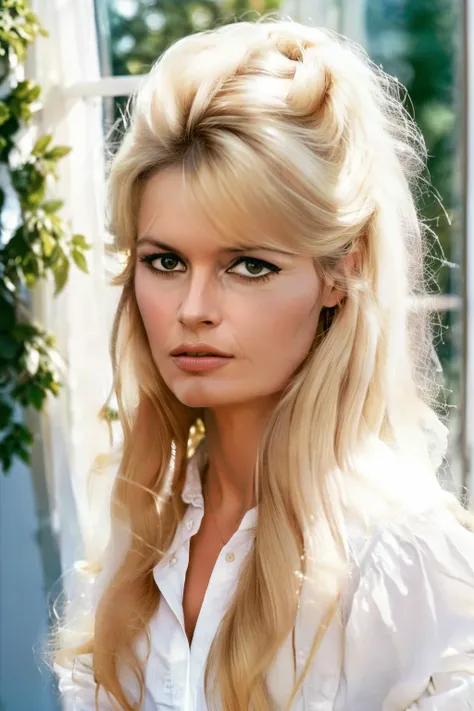 a Realistic Full Portrait of a bbardot woman with long blonde hair and dark eye makeup, Beautiful, Detailed face, Perfect Eyes, (highly detailed skin:1.1), ((wearing a white shirt)), sitting on a bed, window, curtains waving, sunny sky outside the window, ...