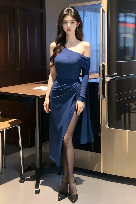 （8k，best quality，masterpiece：1.2），（photo reality：1.4），（original photo）,(Ray tracing),perfect details，1 girl，Korean female model，alone，oval face，wavy hair，pure，Raised sexy，secretary，Wearing a sky blue one-shoulder lace hip-wrapped dress，Wear black high heel...