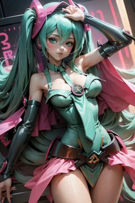 Hatsune Miku disfrazada de dark magician gils. Pose sexy y sensual. Grandes tetas. Disfraz de dark magician gils 