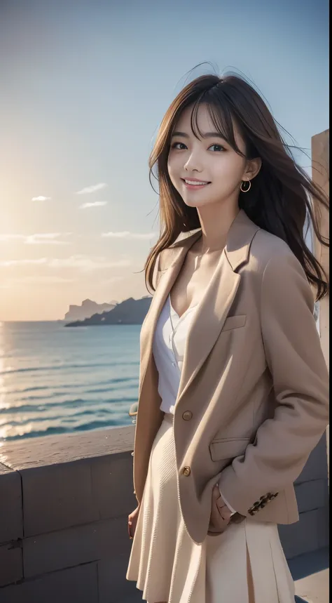 woman standing in the sea as the sun rises、sea at dawn、(wearing a navy blue blazer、wearing a white blouse、wearing a red flared s...