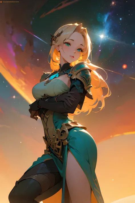 a girl with light colored hair,detailed teal dress,sexy viking armor,standing,rainbow colored cosmic nebula background,stars,gal...