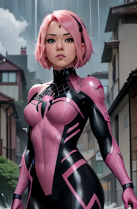 black and pink spider man suit, short pink hair, beautiful face, rain, roof, masterpiece, intricate detail, perfect anatomy, sak...