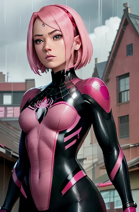 black and pink spider man suit, short pink hair, beautiful face, rain, roof, masterpiece, intricate detail, perfect anatomy, sak...