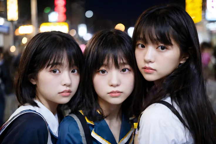 Very detailed Amazingly high quality Very high quality Surreal photograph 3 Japanese girls Each girl has a different hairstyle randomly Fair skin 16 years old ((Half-open lips:1.3)) Beautiful and soft skin ((Beautifully styled straight short hair)) Beaut...
