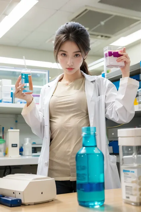 female biochemist in a laboratory with test tubes