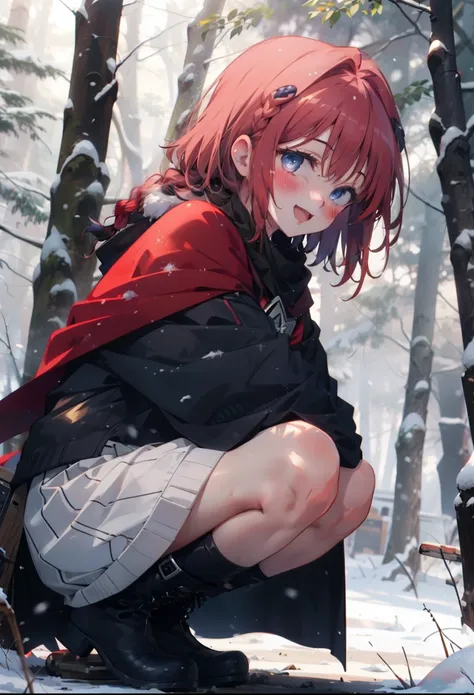 kurosaki mea,redhead,long hair,long braids,purple eyes,smile,smile,blush,white breath,
open your mouth,snow,ground bonfire,,outd...