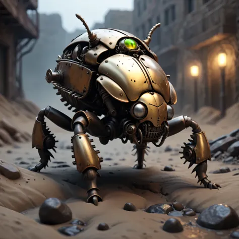 (best quality,4k,8k,highres,masterpiece:1.2),ultra-detailed,(realistic,photorealistic,photo-realistic:1.37),golden beetle in the desert, illustration,[dark and gritty atmosphere],detailed debris,, cobble walls, rusty pipes, glowing eyes of the beetle, stea...