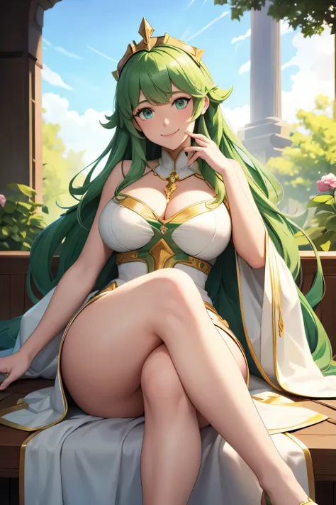 rhea, fire emblem, green eyes, long green hair, seductive woman, wearing crown, white dress, medium size breasts, massive ass, s...