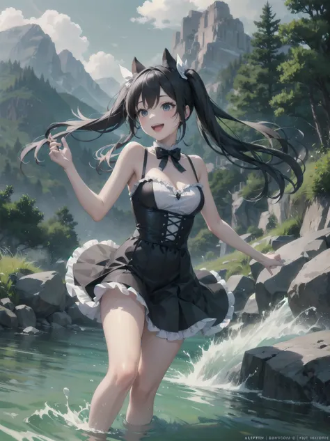 Subject: {A naive girl boldly frolics by the waters edge
Subtitle: {Long black hair in twin tails}{Black bustier and frilly skirt in gothic fashion}{Bobbing her feet in the stream}{Clear mountain stream}{Happy laughter}{High quality camera, f/1.8, 1/500 se...