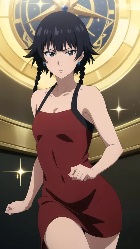 soifon, soifon, short hair, bangs, black hair, short hair with long locks, (black eyes:1.2), small breasts,(slender:1.2), (sparkly dress, mini dress, red dress, earrings, venue:1.2), 
dynamic angles, looking at viewer,
 (masterpiece best quality, 8k:1.2),(...