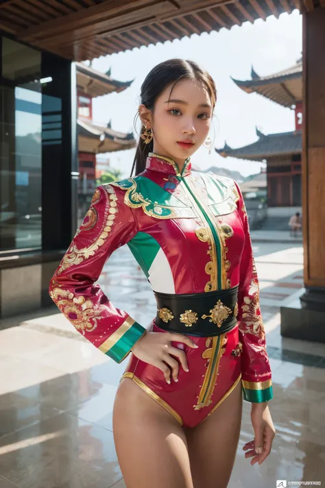 an indonesian-styled futuristic suit worn by a girl depicting cultural fusion and modern fashion. the suit is adorned with intri...