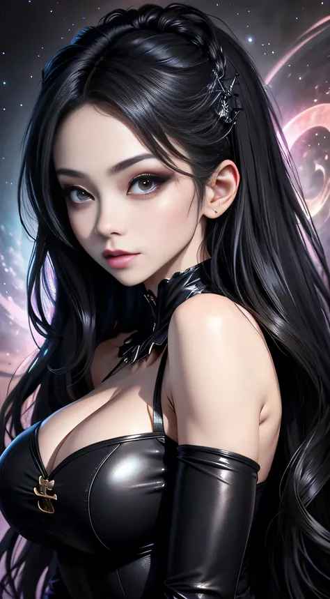 sfw, 4K Ultra HD, Masterpiece, A girl with a magical aura, (good face:1.2), very Long hair, Detailed eyes, Glossy lips, Lolita costume, (black costume:1.5), The aura around the body, Magical effect, Spread white light, Cosmic elements and ethereal atmosphe...